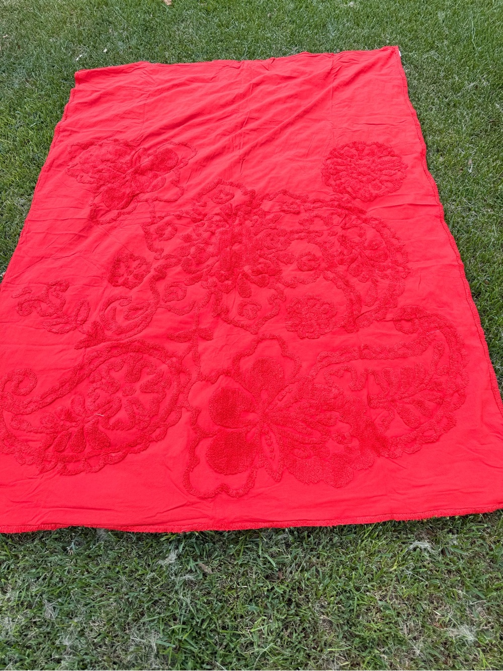 Vintage Red Cotton Chenille Queen Bedspread Floral Tufted Embroidered Design